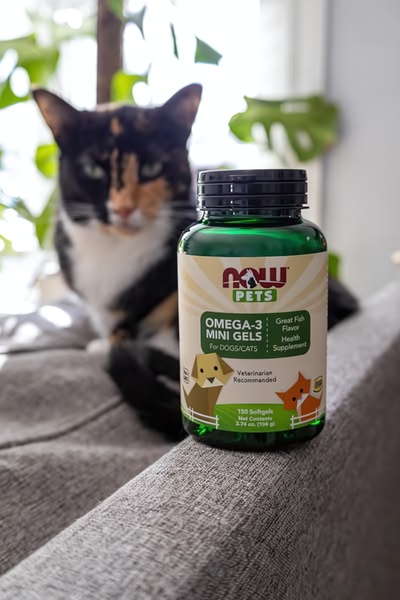 A close-up product shot of Omega-3 Mini Gels for pets, placed on a couch with a cat in the blurred background to establish a natural home environment.